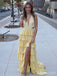 Unique Deep V-neck Yellow Side Slit A-line Long Prom Dress,Evening Dress,PD382223