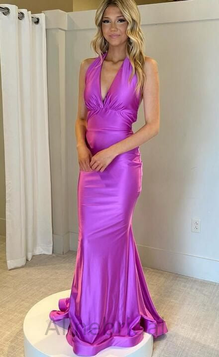 Purple Halter Sleeveless Mermaid Long Prom Dress, PD3737