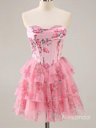 Elegant Pink Floral Corset Ruffle A-line Soft Satin Short Homecoming Dress, Prom Dress, PD382251