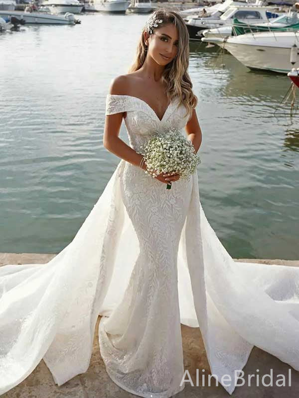 Elegant V-neck Off-Shoulder Mermaid Long Wedding Dresses,WD3069