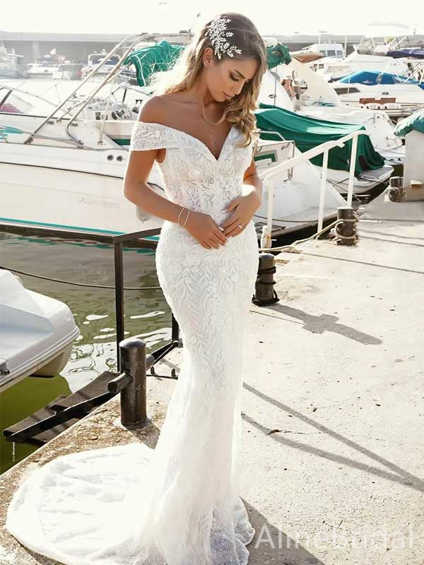 Elegant V-neck Off-Shoulder Mermaid Long Wedding Dresses,WD3069