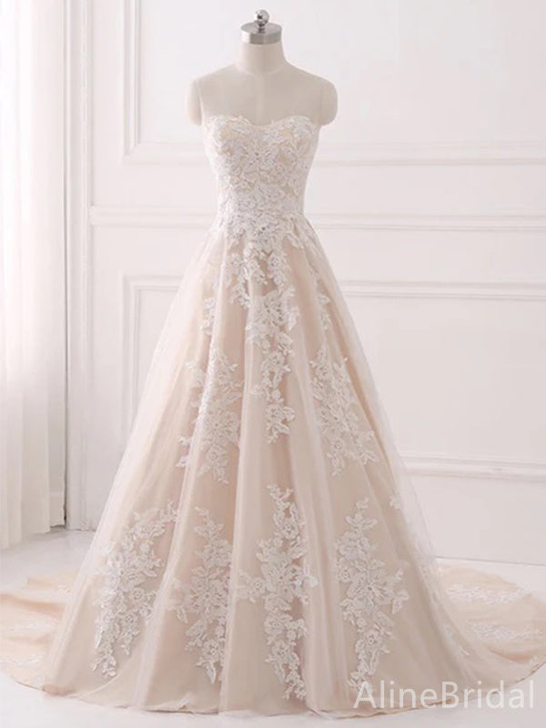 Luxury Sweatheart Strapless Lace A-line Long Wedding Dresses,WD3076