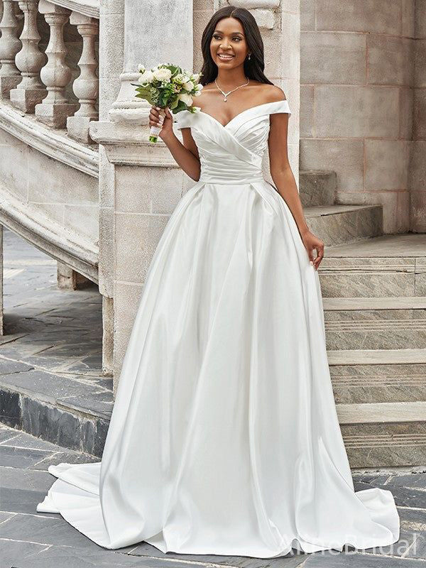 Sexy V-neck Off-Shoulder A-line Long Wedding Dresses,WD3081