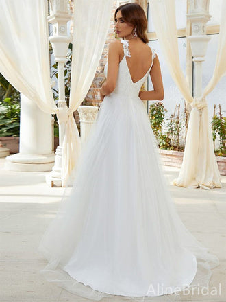 Elegant V-neck Spaghetti Strap A-line Long Wedding Dresses, WD3083