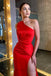 Red One Shoulder Sleeveless Side Slit Mermaid Long Prom Dress, PD3733