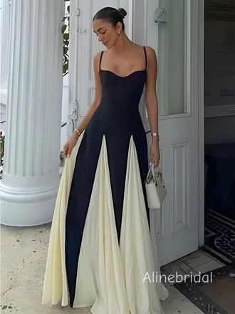 Elegant Spaghetti Straps Black& White Solid  Patchwork A-line Maxi Prom Dress， Formal Dress, PD382244