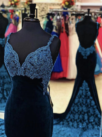 Sexy Dark Blue V-neckBackles Mermaid Long Velvet Evening Dress, PD3680