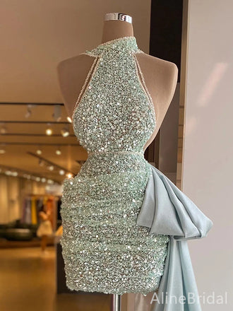 Sparkly Mint Green Sequins Halter A-line Short Homecoming Dress with Train, HD3205