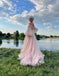 Pink Off Shoulder Sweetheart  A-line Floor length Prom Dress, PD3715