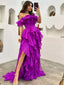 Ruffle Off Shoulder Side Slit Sleeveless A-line Floor length Prom Dress, PD3724