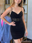 Sexy Black V-neck Spaghetti Strap A-line Short Mini Homecoming Dress, HD3221