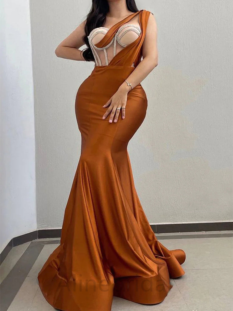 Sexy One Shoulder Sleeveless Mermaid Floor Length Prom Dress, PD3658