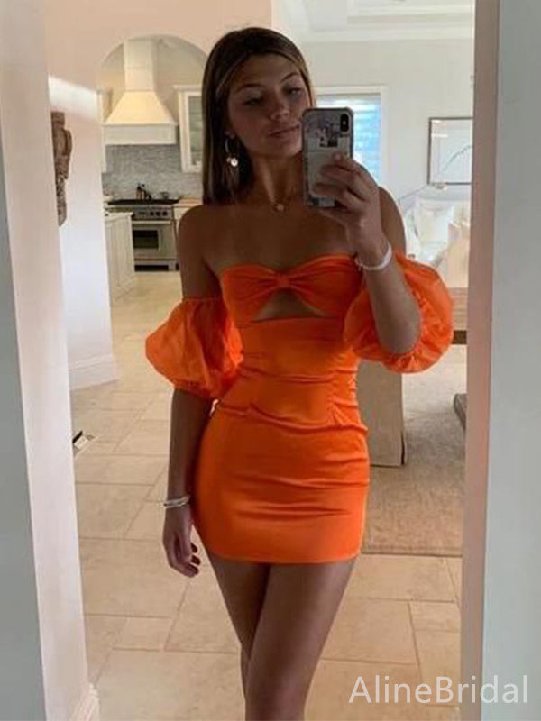 Simple Orange Off-Shoulder Strapless A-line Short Homecoming Dress, HD3237