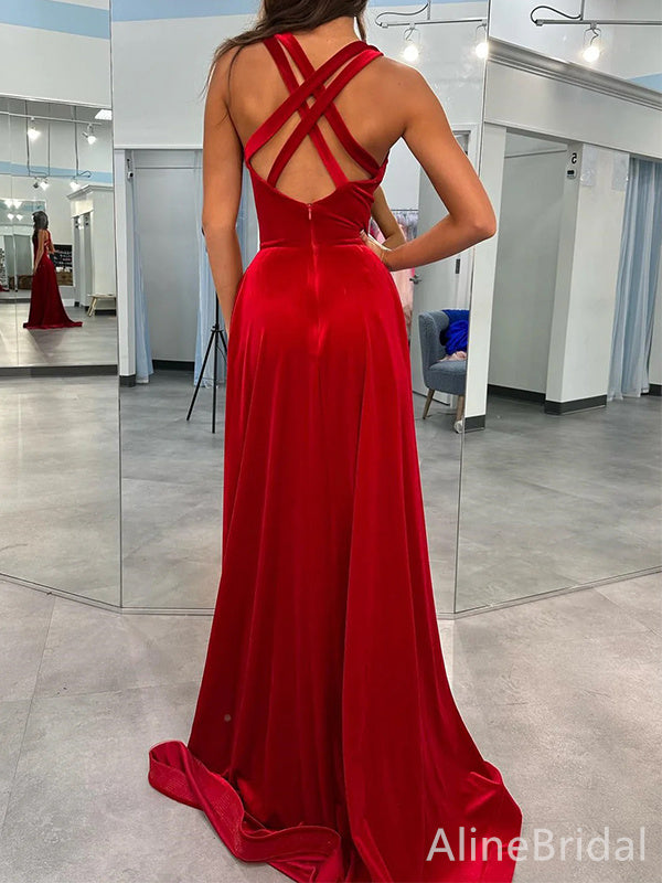 Simple Red V-neck Split Side Long Prom Dress,Evening Dress,PD37736