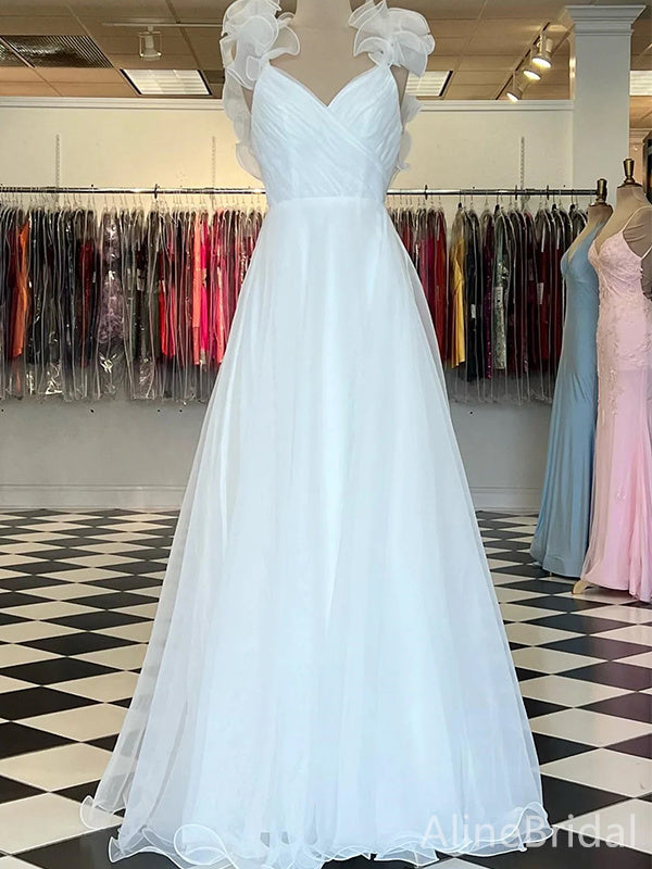 Elegant White V-neck Ruffles A-line Long Prom Dress,Evening Dress,PD37741