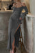 Grey Halter Long Sleeves  Side Slit Sheath Long Prom Dress, PD3748