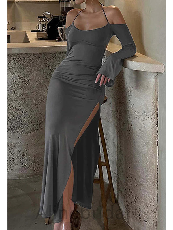 Grey Halter Long Sleeves  Side Slit Sheath Long Prom Dress, PD3748