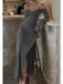 Grey Halter Long Sleeves  Side Slit Sheath Long Prom Dress, PD3748