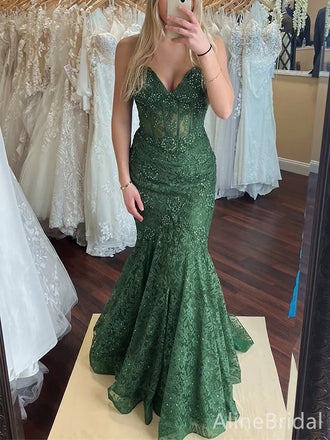 Gorgeous Emerald Green V-neck Strapless Mermaid Long Lace Prom Dress, Evening Dress, PD37743