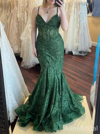 Gorgeous Emerald Green V-neck Strapless Mermaid Long Lace Prom Dress, Evening Dress, PD37743