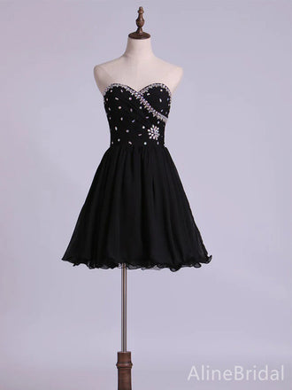 Simple Black Sweatheart Strapless A-line Short Mini Homecoming Dress with Beading, HD32655