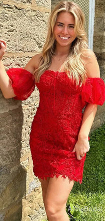 Elegant Red Off the Shoulder Strapless Short Homecoming Dress-Tight Mini Dress, HD32635