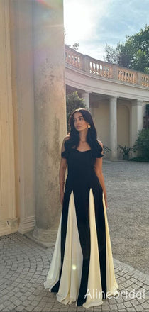 Elegant Spaghetti Straps Black& White Solid  Patchwork A-line Maxi Prom Dress, Formal Dress, PD382244