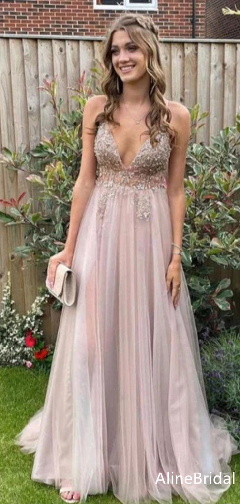 Sexy V-neck Spaghetti Strap A-line Long Prom Dress,Evening Dress,PD37780