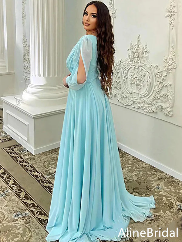 Deep V-neck Long Sleeves Split Side A-line Long Prom Dress,Evening Dress,PD37786