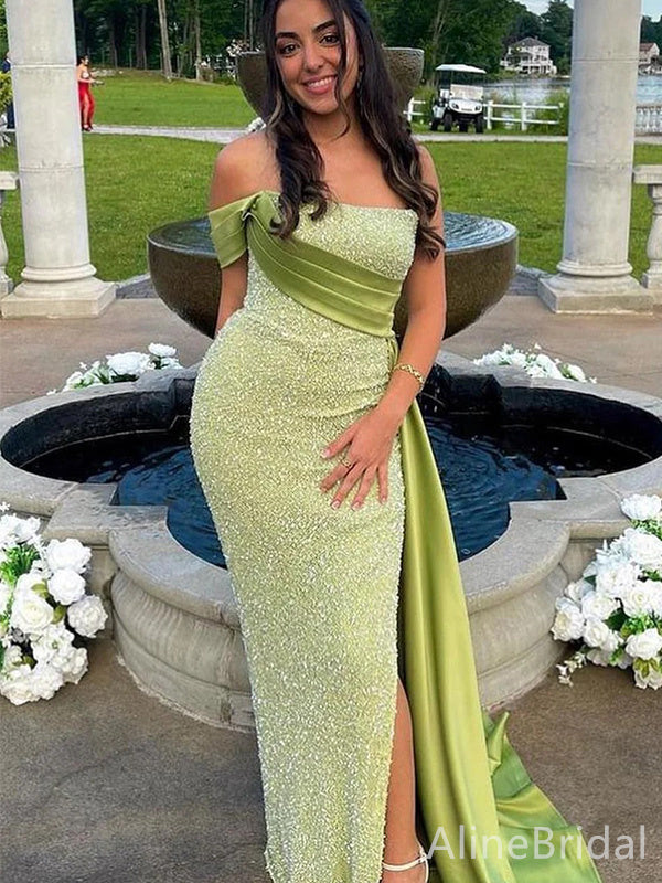 Sparkly Sequins Off-Shoulder Split Side Mermaid Long Prom Dress,Evening Dress,PD37831