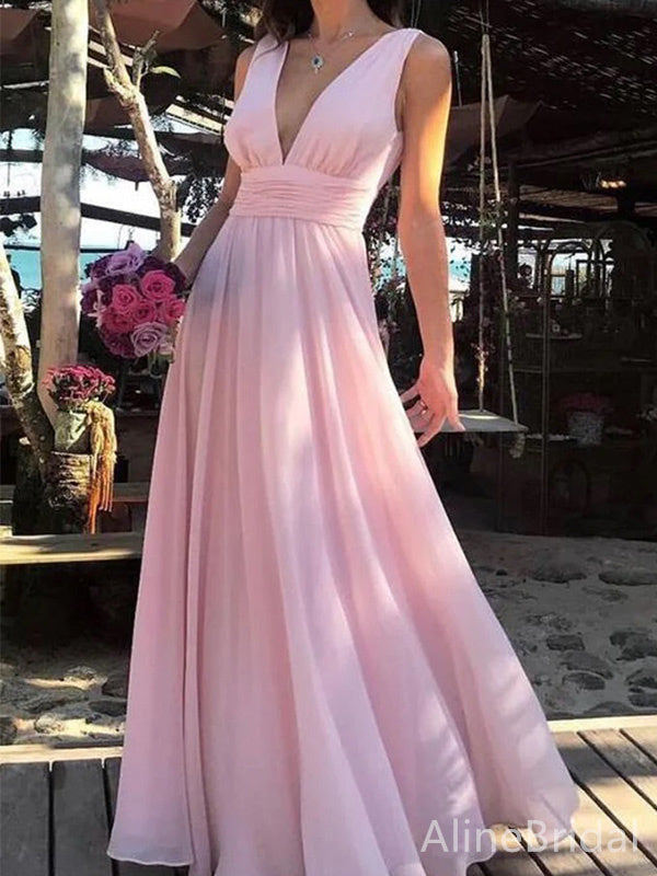 Elegant V-neck Light Pink A-line Long Prom Dress,Evening Dress,PD37802