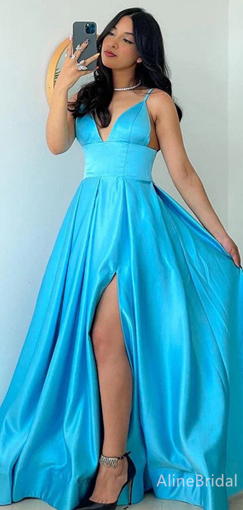 Elegant V-neck Spaghetti Strap Split Side A-line Long Prom Dress,PD37841