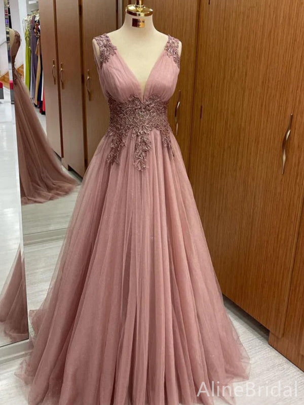 Elegant V-neck Lace Appliques A-line Long Prom Dress,PD37863