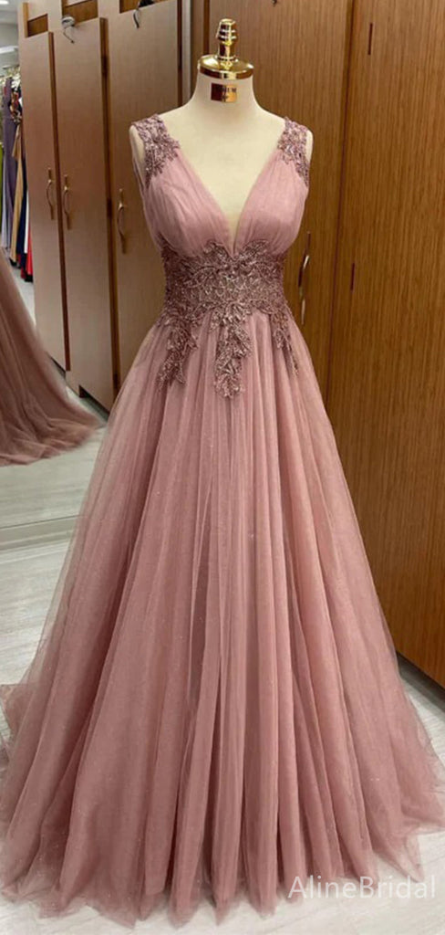 Elegant V-neck Lace Appliques A-line Long Prom Dress,PD37863