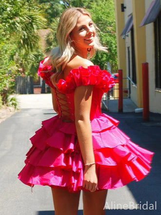 Gorgeous Pink V-neck Off-Shoulder A-line Short Tiered Ruffles Homecoming Dress, HD32678