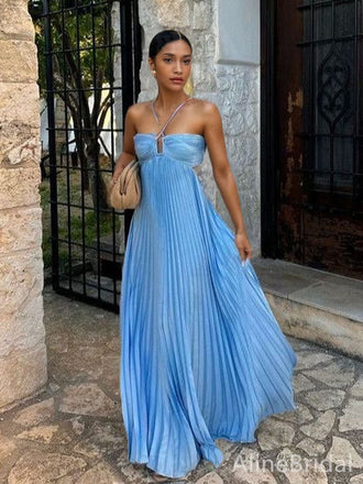 Unique Summer Halter Pleated Blue Spaghetti Strap Backless A-line Long Prom Dress,2025 Fashion Lady A-line Robes,PD381986