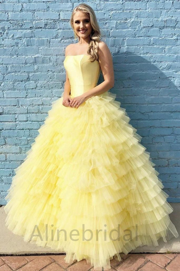 Yellow Elegant Strapless Sleeveless A-line Long Prom Dress, PD3628