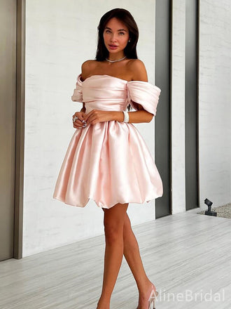 Elegant Soft Pink Off-Shoulder Strapless A-line Short Mini Homecoming Dress, HD32684