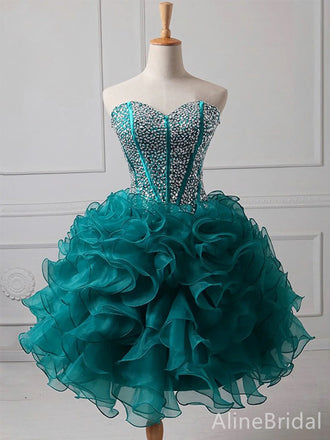 Sparkly Green Rhinestones Strapless A-line Short Tiered Ruffles Homecoming Dress, HD32687