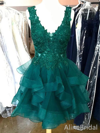 Gorgeous Emerald Green V-neck A-line Short Lace Tiered Ruffles Homecoming Dress, HD32697