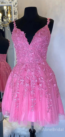 Gorgeous V-neck Lace Spaghetti Strap A-line Short Mini Homecoming Dress, HD32699