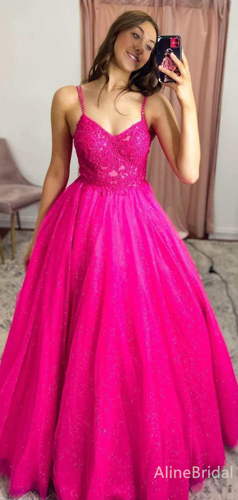 Elegant V-neck Spaghetti Strap A-line Long Prom Dress,PD37905