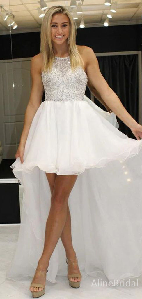 Sparkly White Beadings A-line High-Low Homecoming Dress, HD32724