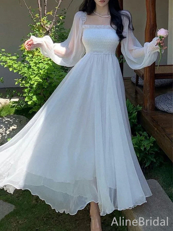 Elegant White Long Sleeves A-line Long Prom Dress,PD37947