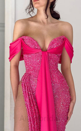 Sparkly Sequins Pink Off the Shoulder Sleeveless Side Slit Mermaid Floor Length Prom Dress, PD3675