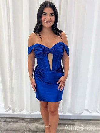 Elegant Off-Shoulder Strapless Short Homecoming Dress-Blue Tight Mini Dress, HD32766