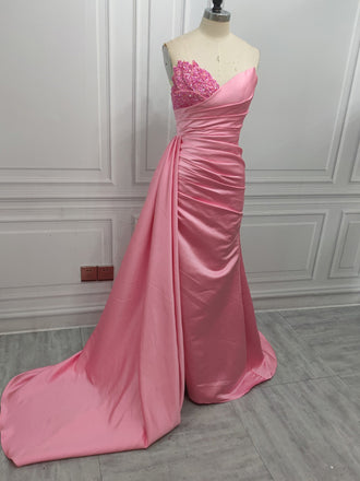 Sexy Pink V-neck Sleeveless Mermaid Floor Length Prom Dress with Beading, PD3648