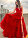 Red Elegant V-neck Sleeveless Side slit A-line Long Prom Dress, PD3631