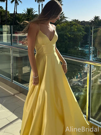 Elegant Yellow V-neck Spaghetti Strap A-line Long Prom Dress, PD3681