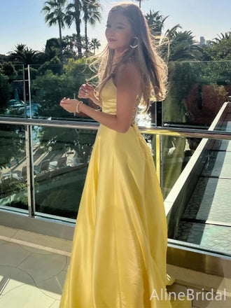 Elegant Yellow V-neck Spaghetti Strap A-line Long Prom Dress, PD3681